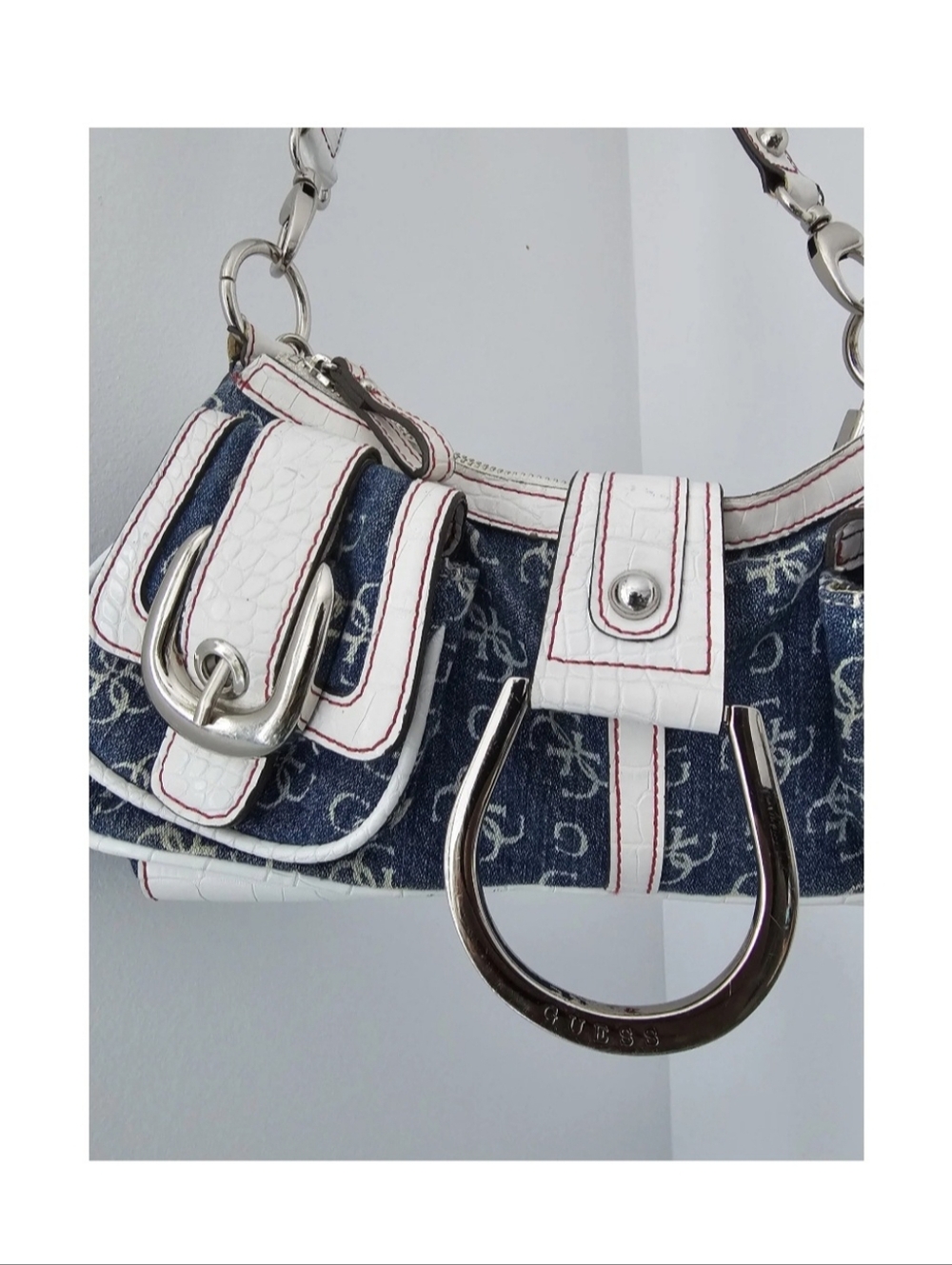 Guess Navy and White Monogram Shoulder Bag with Braided Top Handle - Picture 4 of 7